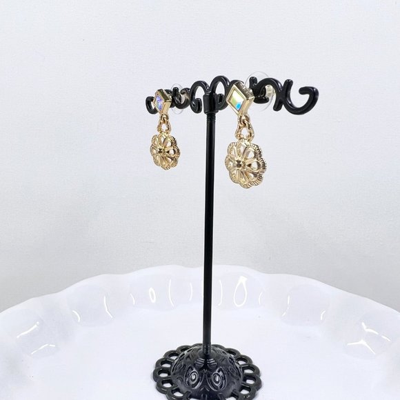 Golan Goldex - Dainty AB Jeweled Gold Tone Circle Flower Shaped Drop Earrings - Picture 3 of 5